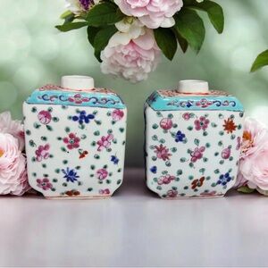 Antique Chinese Famille Rose Porcelain Tea Caddy Set Floral Hand Painted 2pc